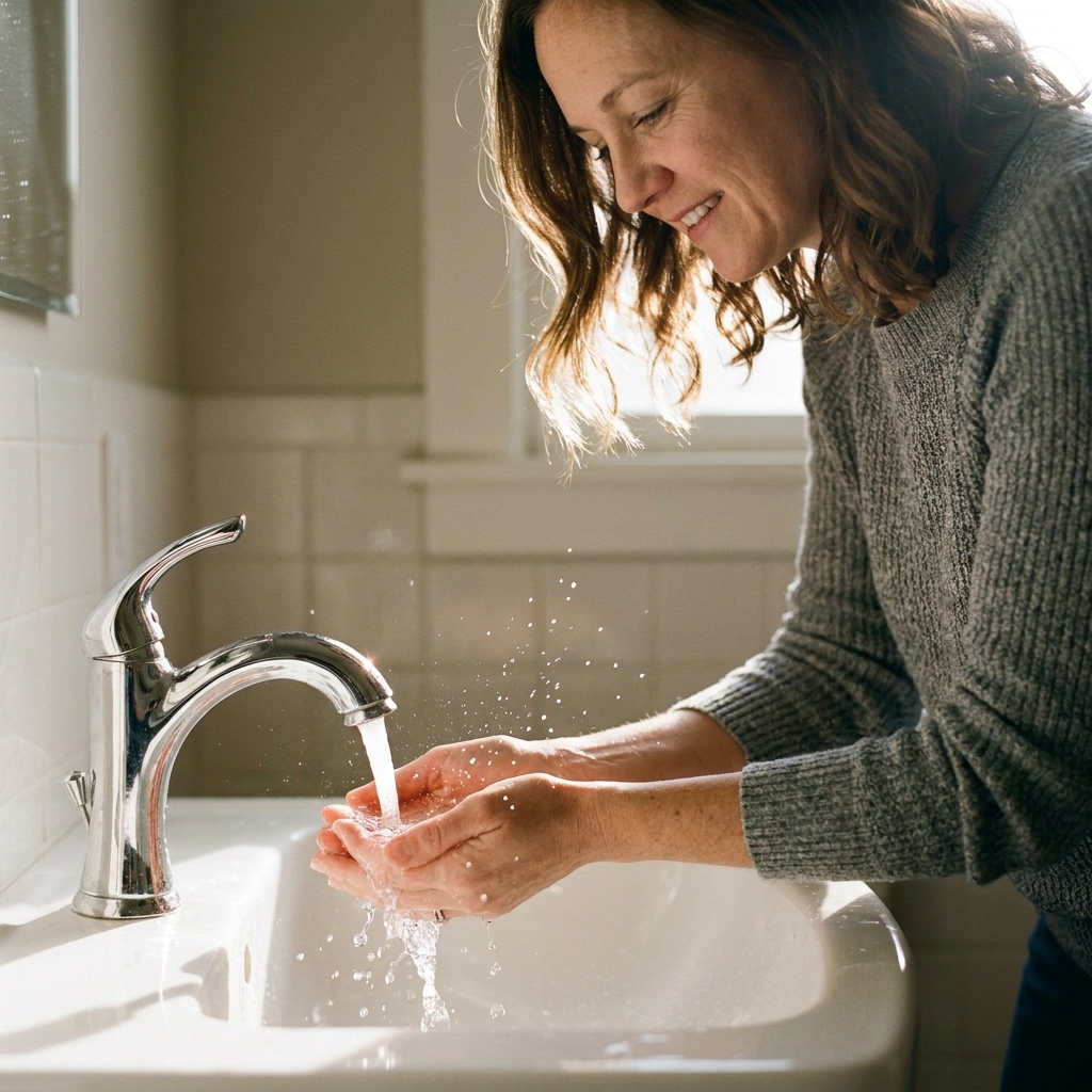 Hands held under running water in a simple sink, droplets catching the light