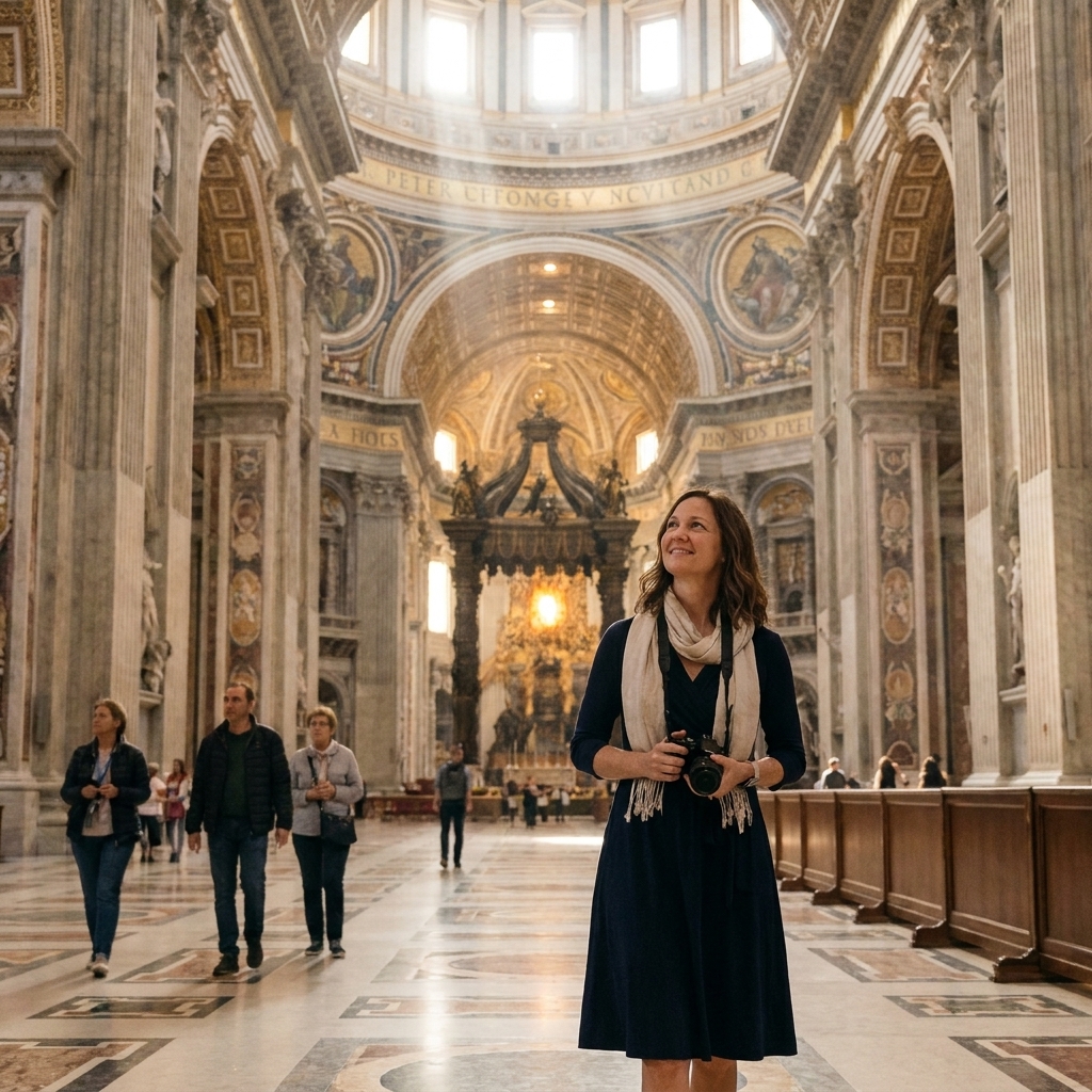 Interior of St. Peter's Basilica in Vatican City, with sunlight filtering through high windows and visitors walking quietly