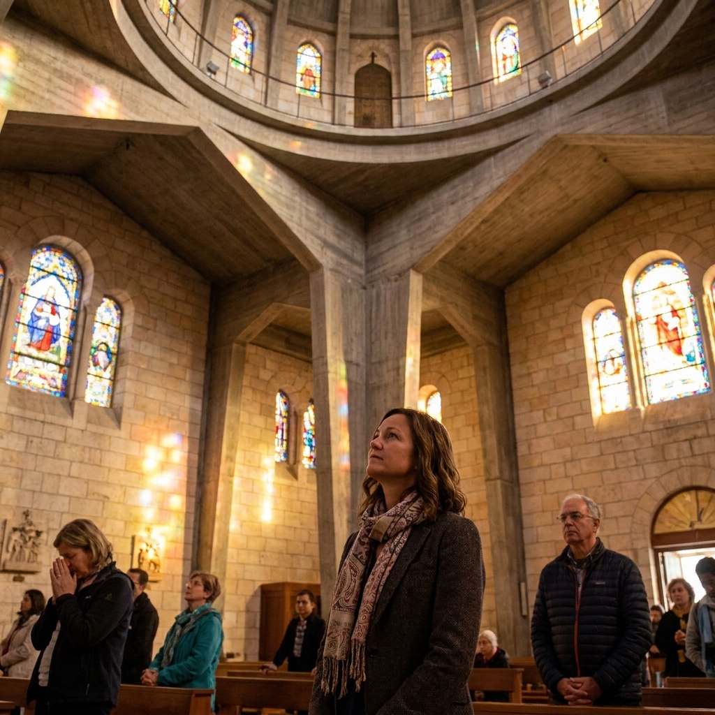 Interior of the Basilica of the Annunciation in Nazareth with warm light and visitors standing quietly