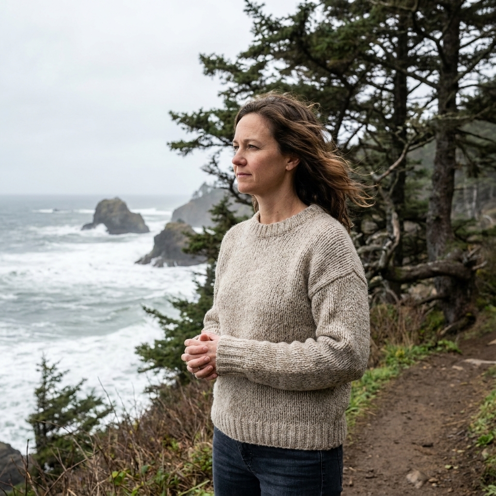 Lydia Vance standing on a windy Oregon coastline path near evergreen trees and the ocean, wearing a simple sweater and looking thoughtfully toward the water