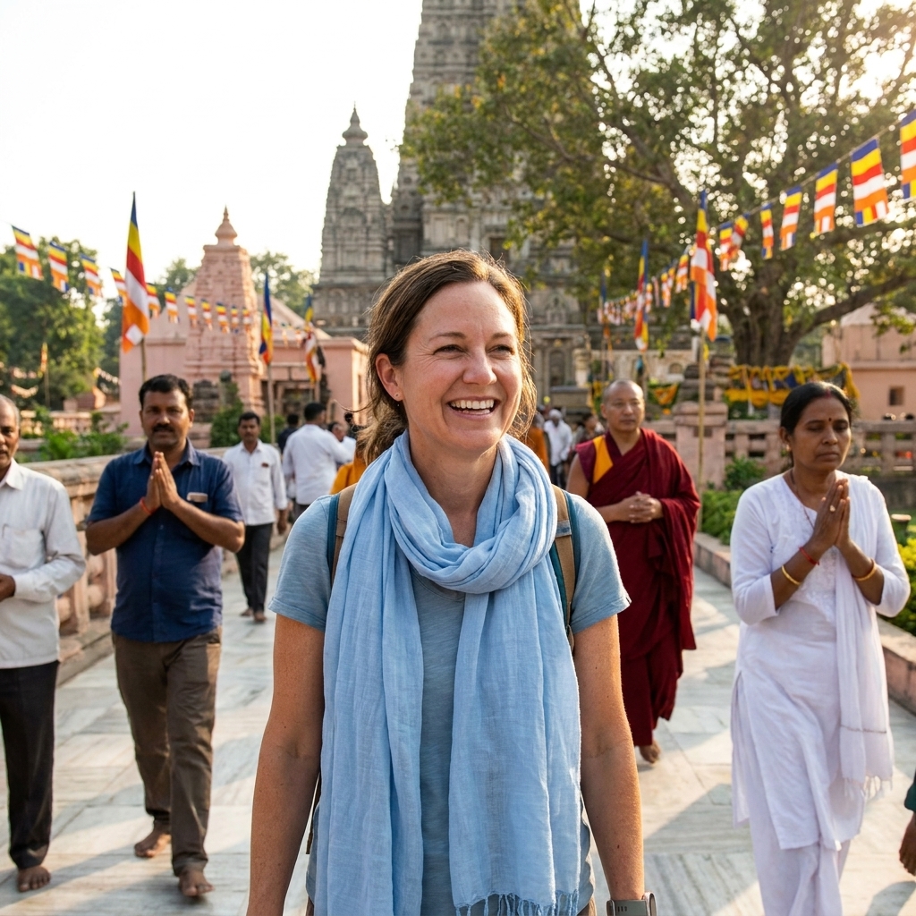 Mahabodhi Temple in Bodh Gaya with pilgrims walking on the grounds and prayer flags visible nearby