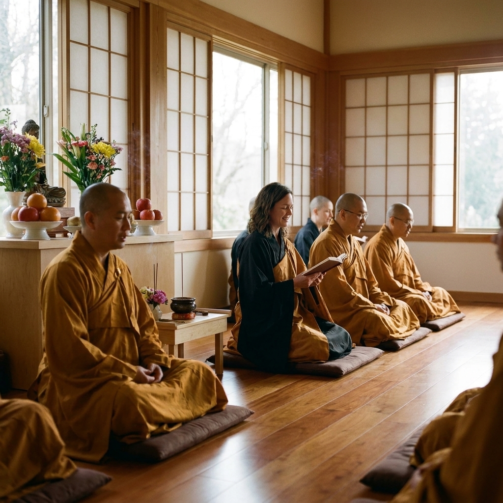 Monks seated in a temple hall during morning chanting, with soft natural light and simple offerings on an altar, capturing a quiet moment of communal practice