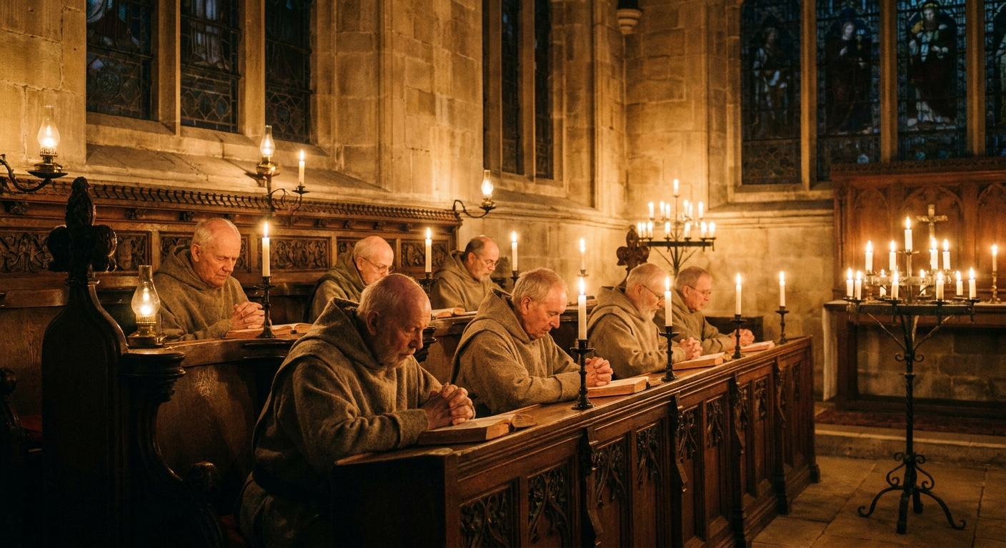 Monks seated in wooden choir stalls inside a stone chapel, heads bowed over prayer books in warm candlelight