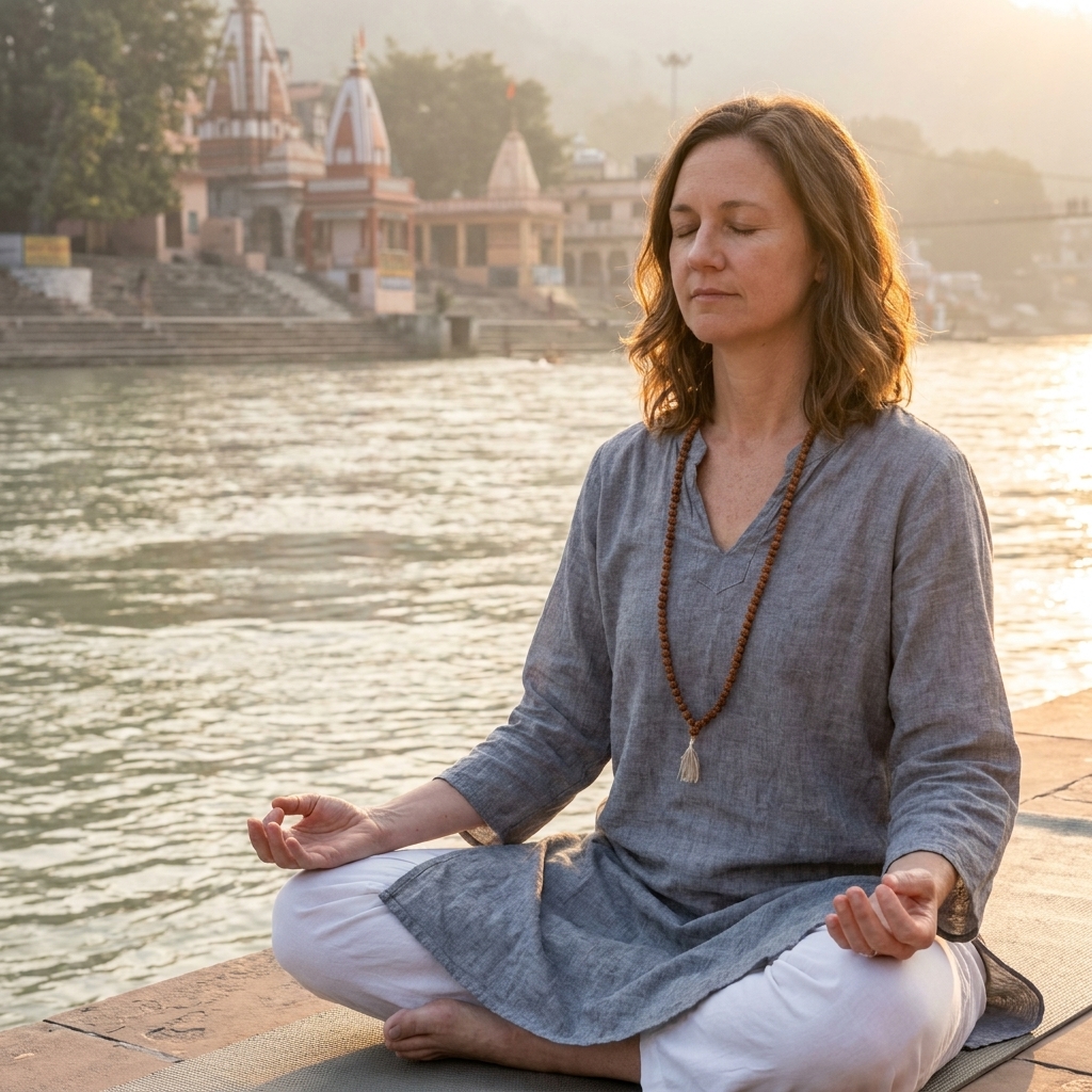 Person sitting in quiet meditation near the Ganges River in Rishikesh at sunrise, with temples and steps in the background