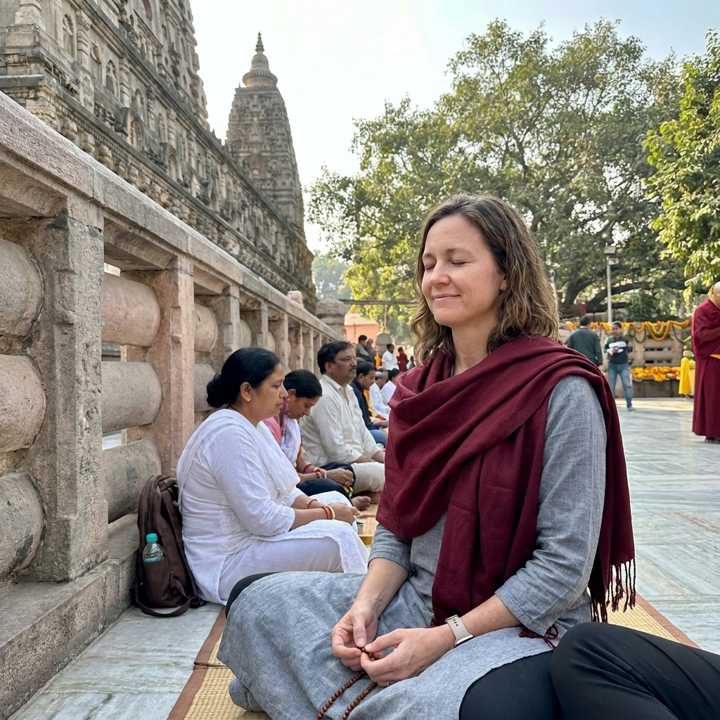 Pilgrims sitting in meditation near the Mahabodhi Temple complex in Bodh Gaya