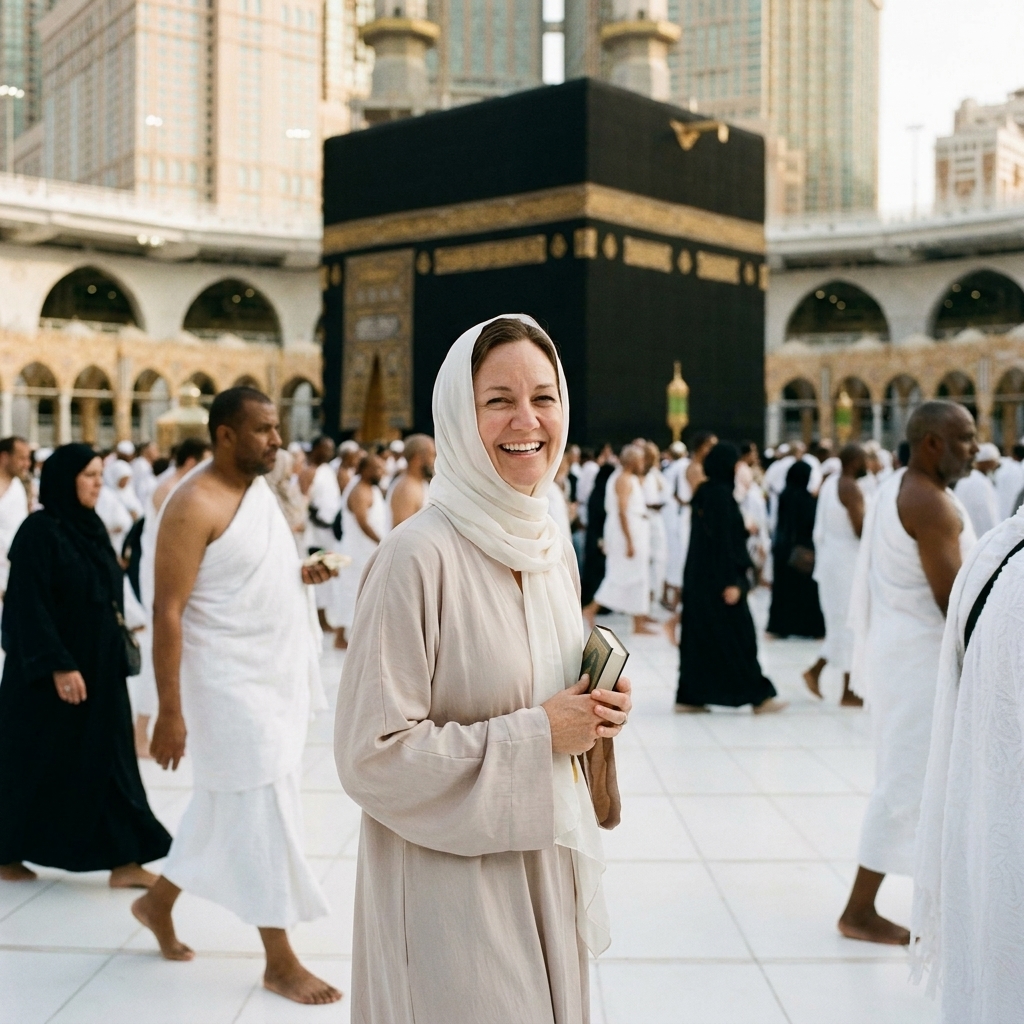 Pilgrims walking in the courtyard of the Grand Mosque in Mecca with the Kaaba visible