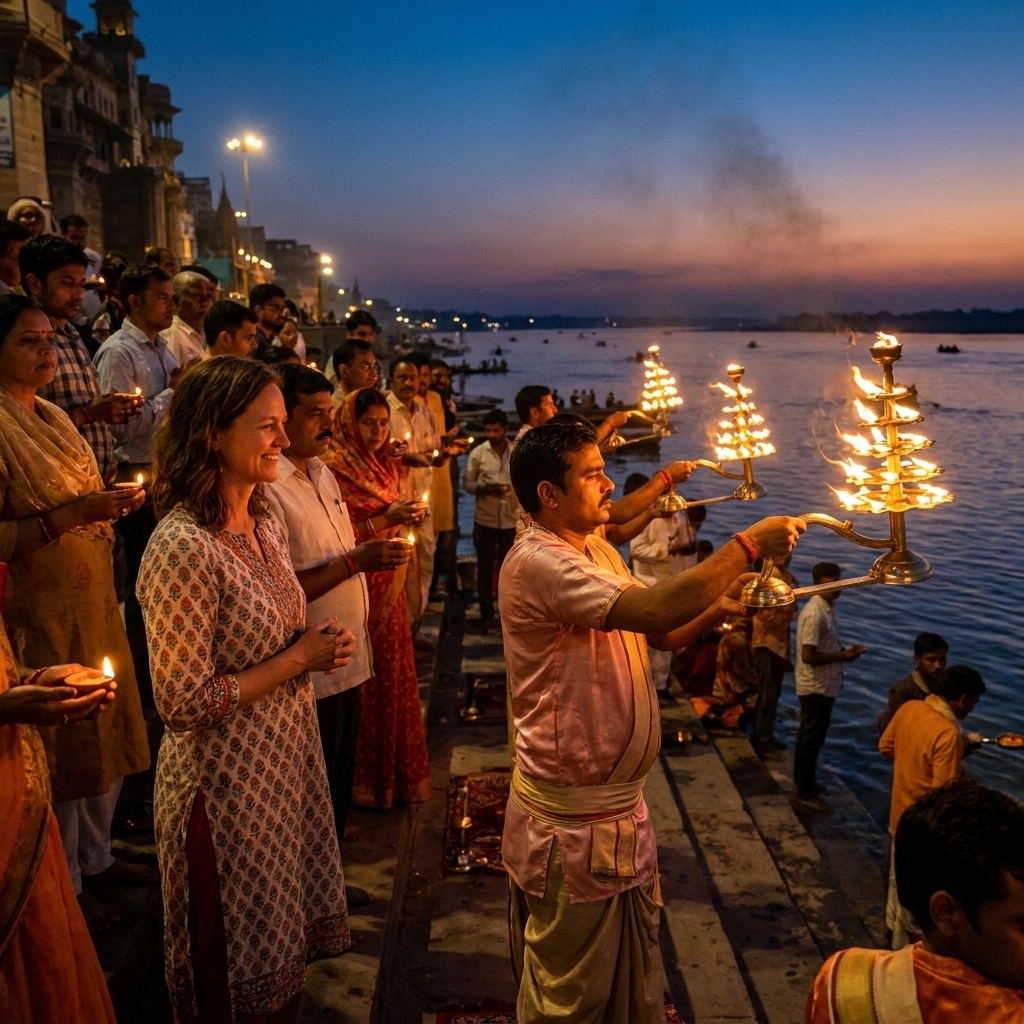 Priests performing an evening ritual with lamps on steps by a river as a crowd watches respectfully, capturing a real festival-like devotional moment at dusk