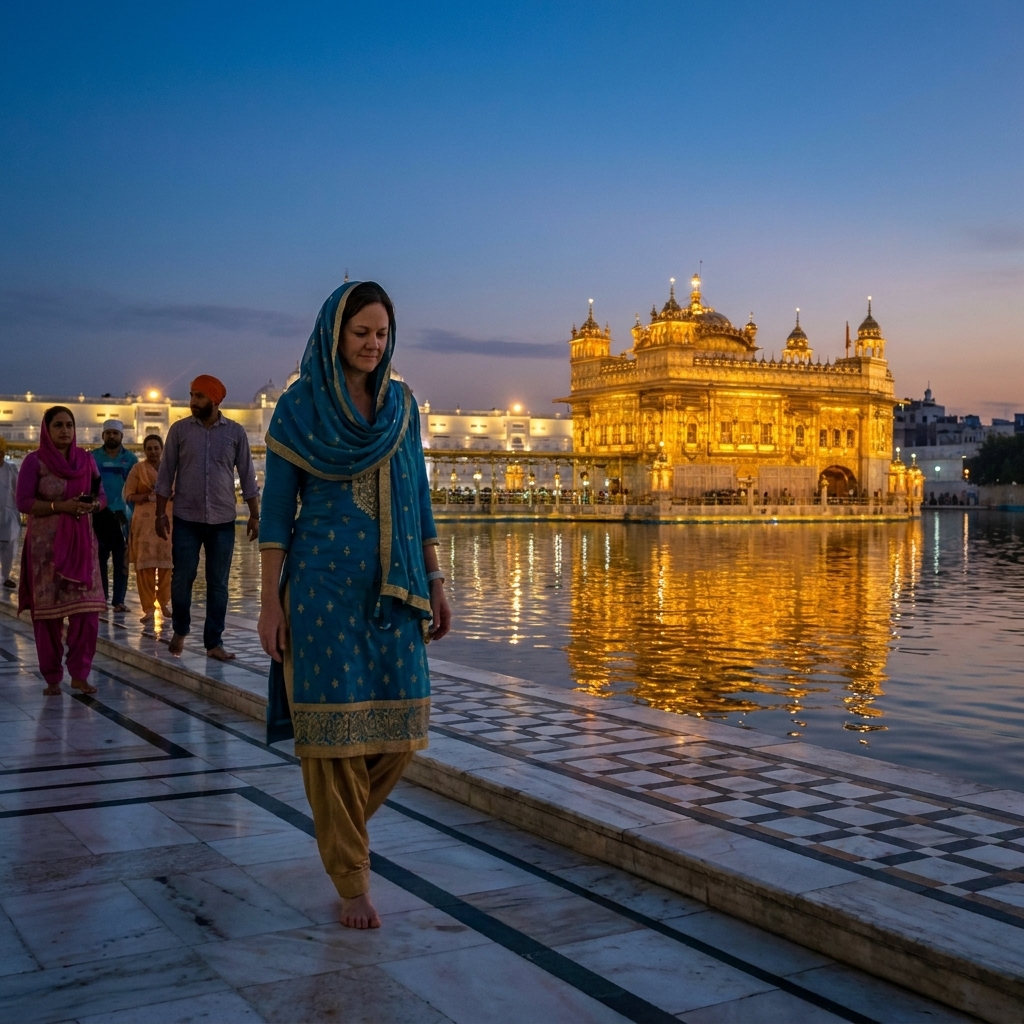 The Golden Temple in Amritsar glowing in the evening light, its reflection shimmering in the surrounding water as visitors walk quietly along the marble pathway