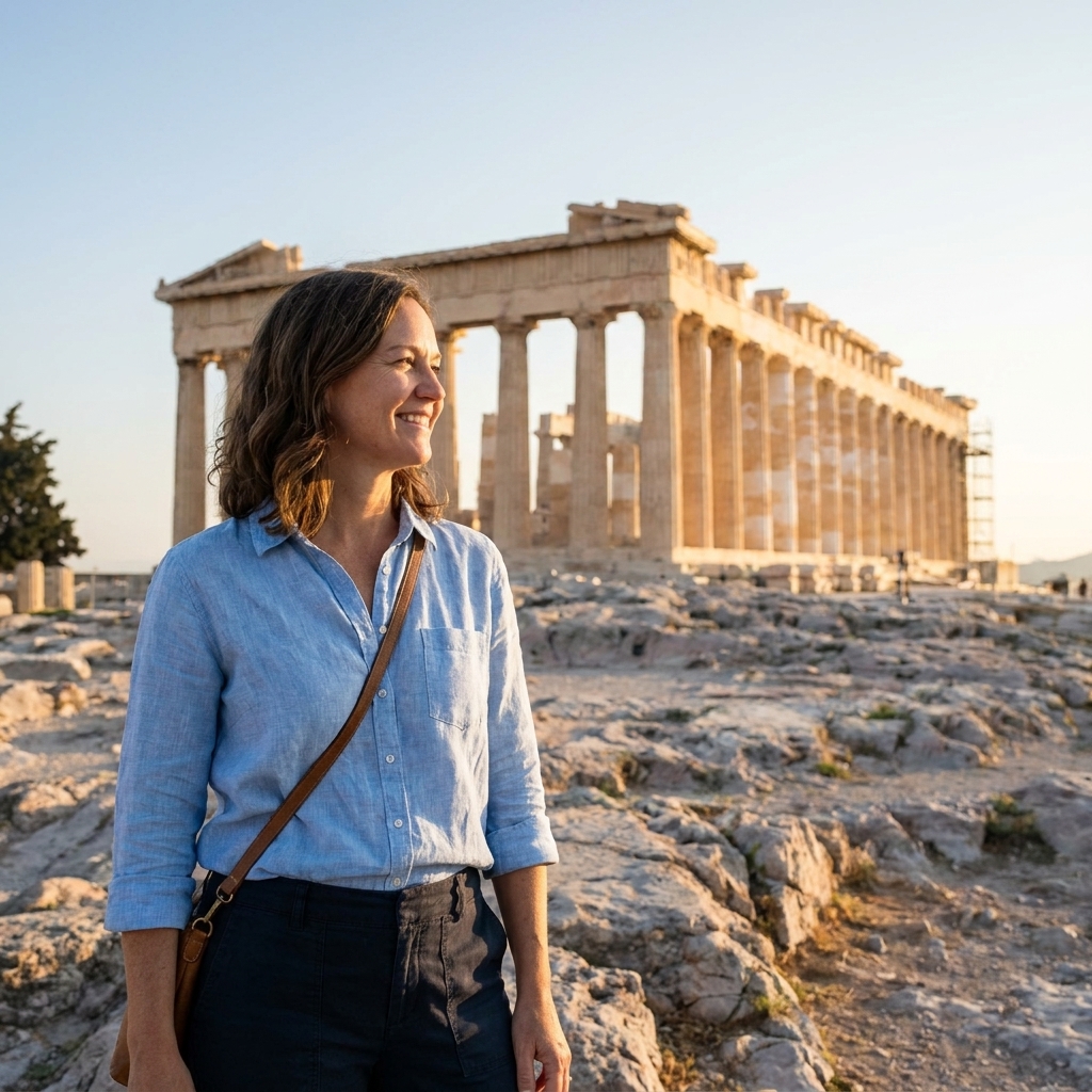 The Parthenon on the Acropolis in Athens in late afternoon light, photographed from a distance with stone columns visible against a clear sky