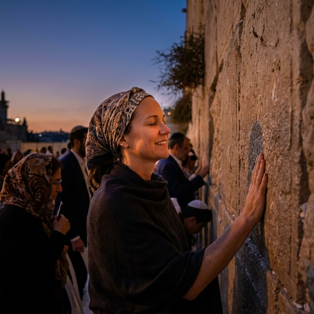 The Western Wall in Jerusalem’s Old City at dusk, with worshippers standing close to the ancient stones
