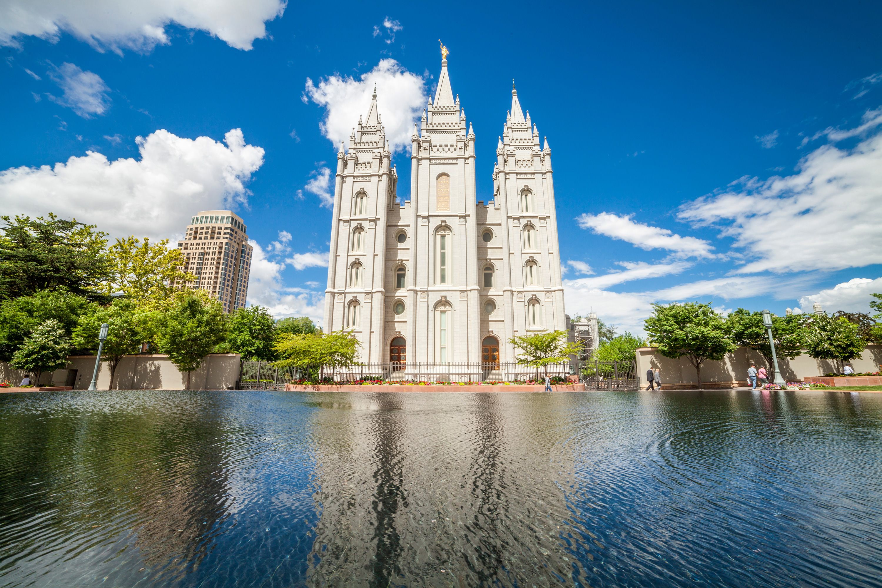 The exterior of the Salt Lake Temple in Salt Lake City.