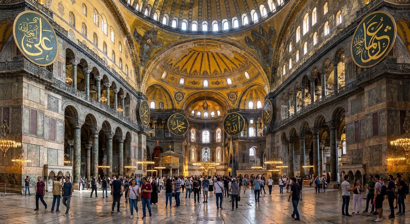The interior of Hagia Sophia in Istanbul, with mosaics and a wide view of the nave as visitors walk beneath the domes