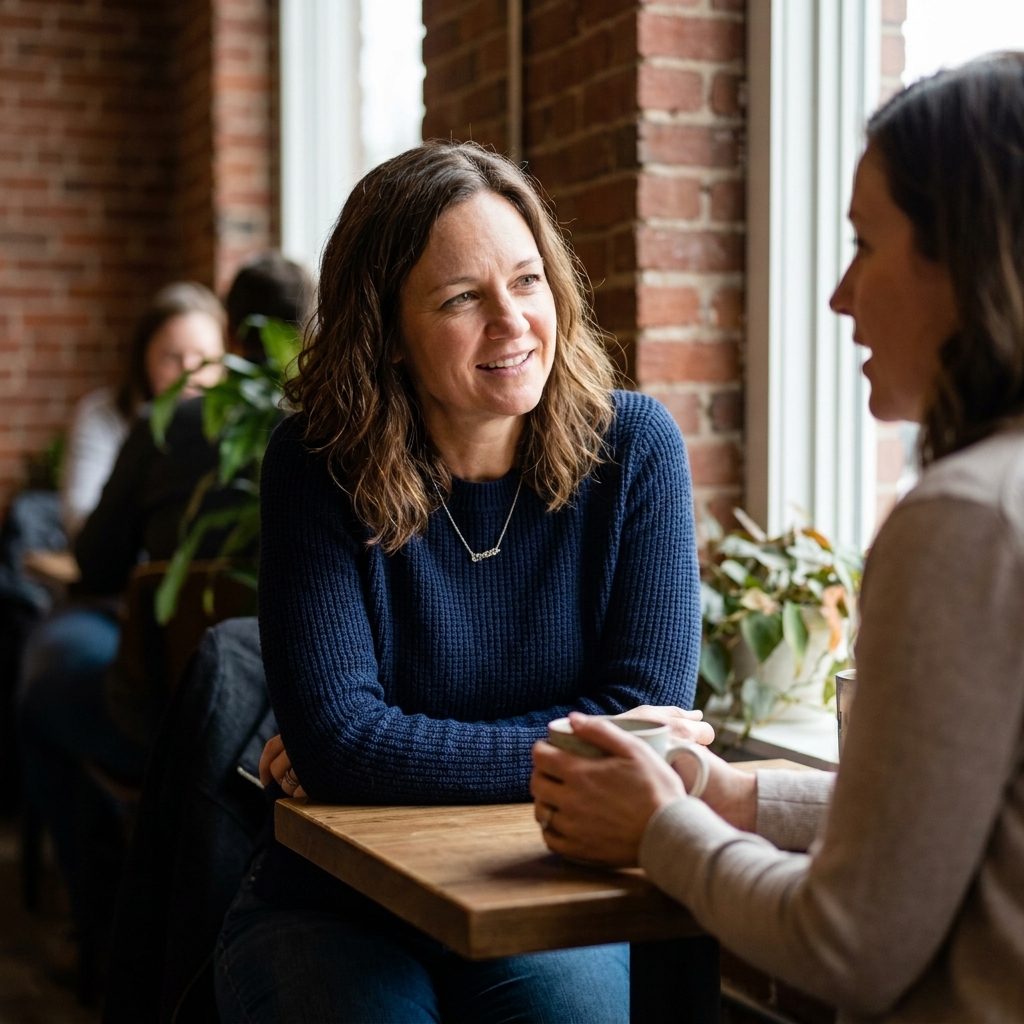 Two friends sitting across from each other at a small coffee shop table, leaning in and listening attentively, soft background blur, candid natural light