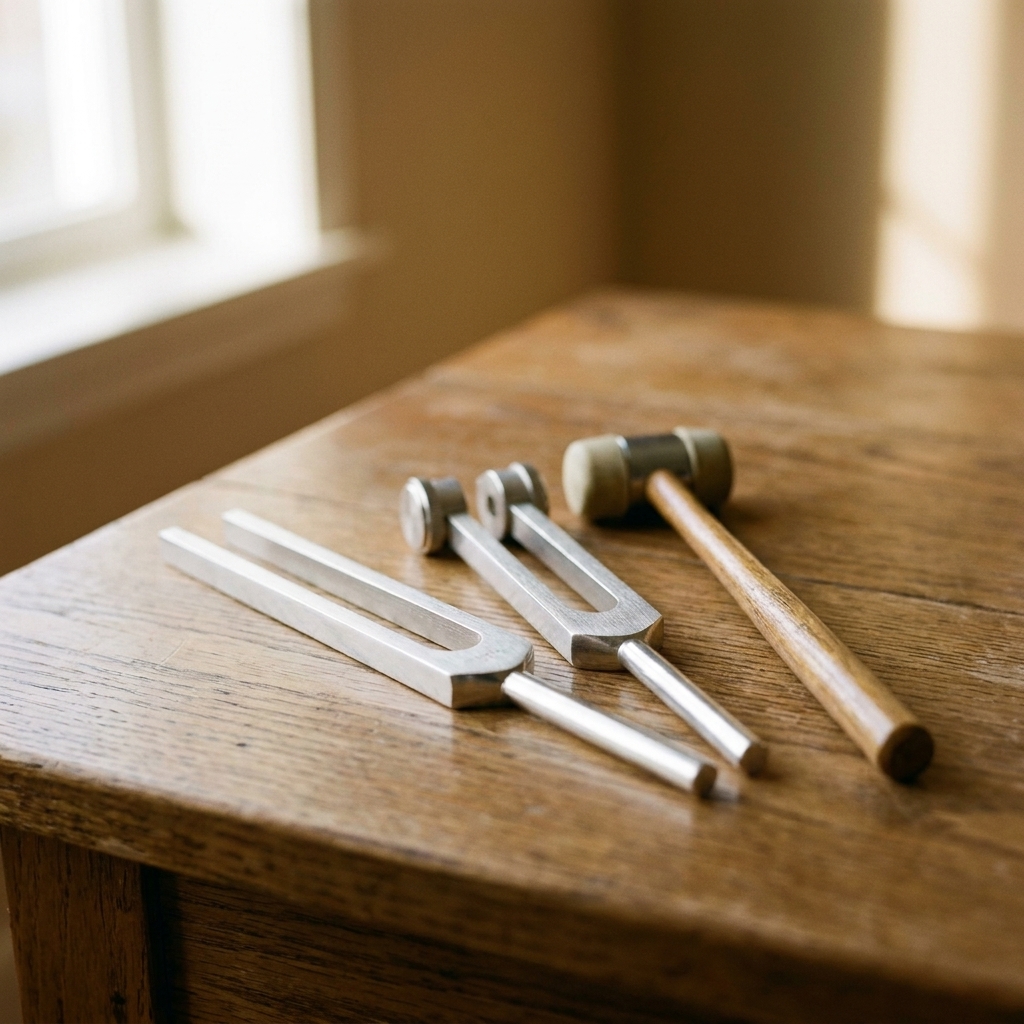 Two tuning forks resting beside a small mallet on a wooden table in natural daylight