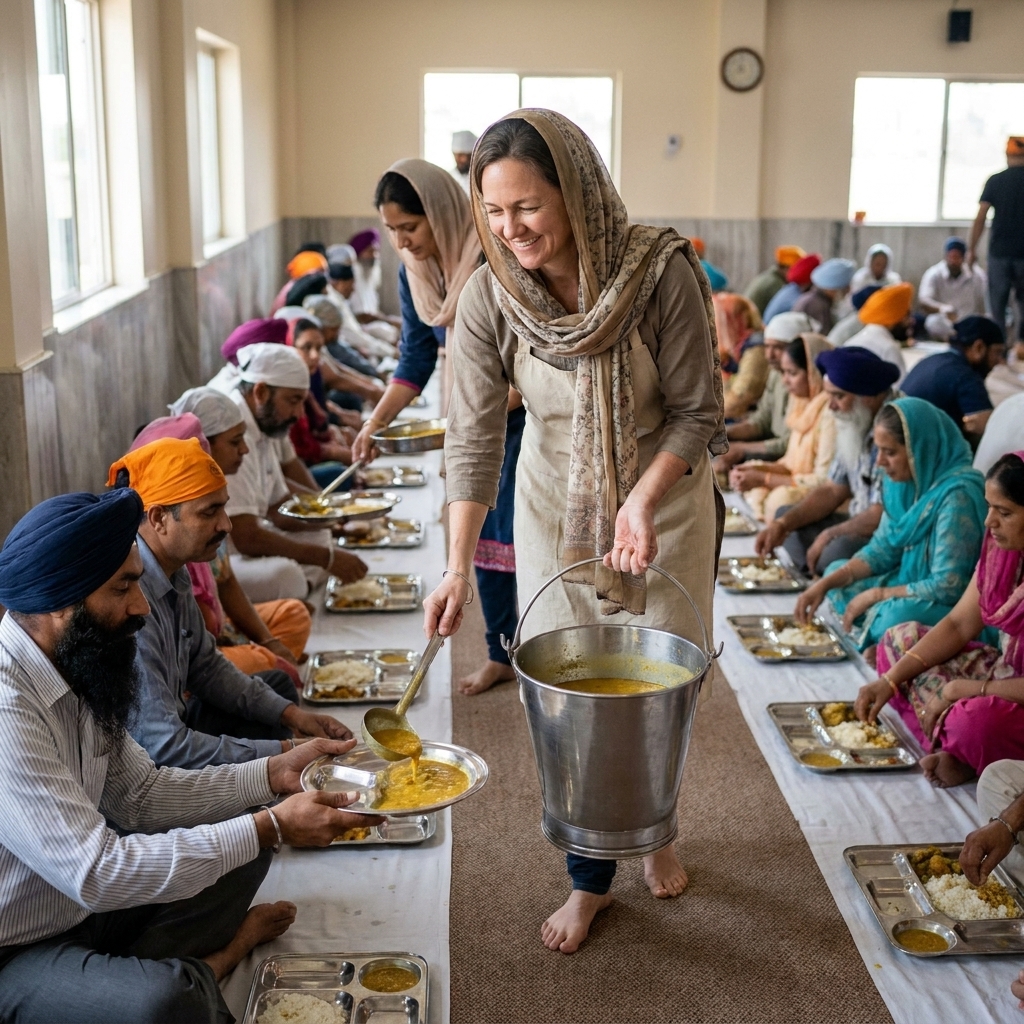 Volunteers serving a free communal meal in a Sikh gurdwara langar, with people seated together eating respectfully